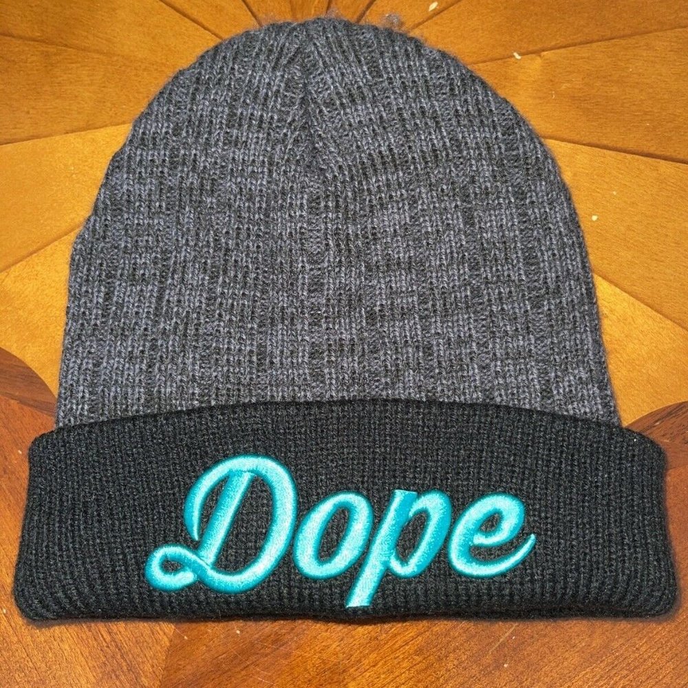 DOPE Cyan Blue Cuff Beanie Knit Snow Ski Cap Black Hat Adult OSFA New